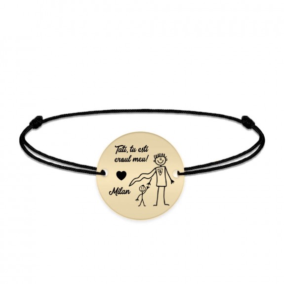 Hero - Bratara personalizata cu banut si snur pentru tata din Aur 14 karate - 12 mm - "Tati, tu esti eroul meu!"