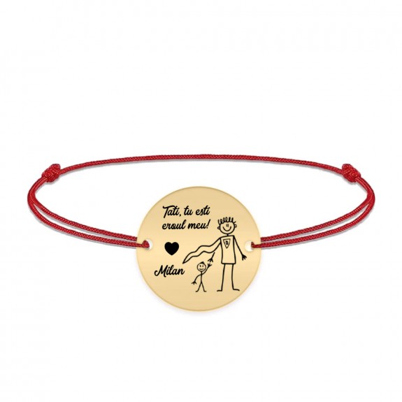 Hero - Bratara personalizata cu banut si snur pentru tata din argint 925 placat cu aur galben 24 karate - "Tati, tu esti eroul meu!"
