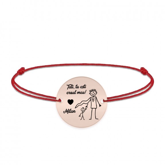 Hero - Bratara personalizata cu banut si snur pentru tata din argint 925 placat cu aur roz - "Tati, tu esti eroul meu!"