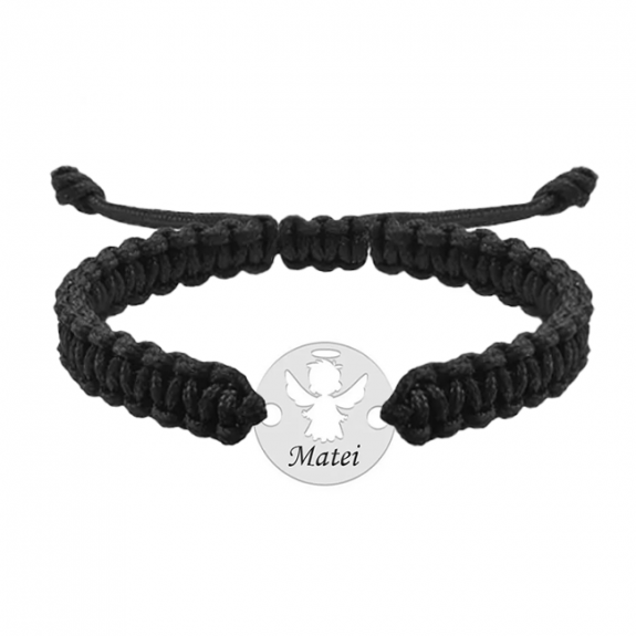 Angel - Bratara personalizata snur impletit banut cu ingeras si nume gravat din argint 925 Angel - Bratara personalizata snur impletit banut cu ingeras si nume gravat din argint 925