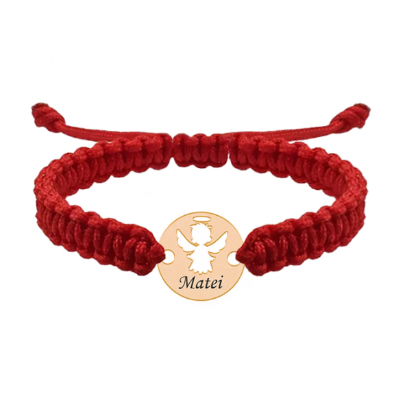 Angel - Bratara personalizata snur impletit banut cu ingeras si nume gravat din argint 925 placat cu aur roz