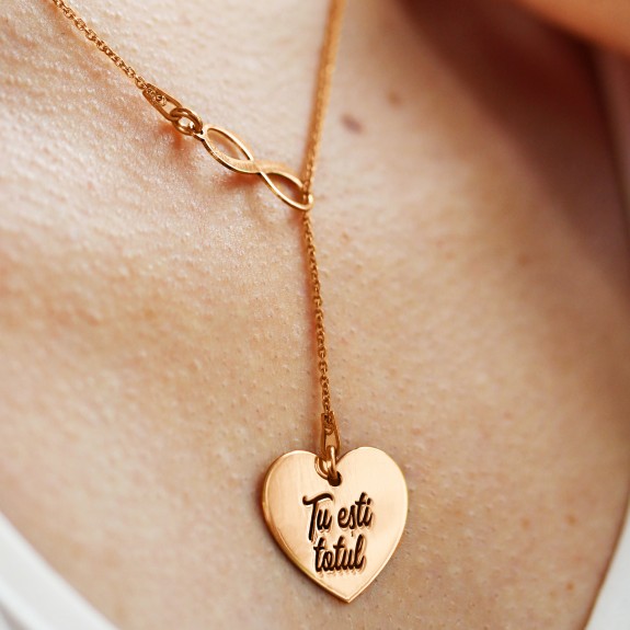 Infinity Love - Colier asimetric argint 925 placat cu aur roz cu infinit si inima personalizata