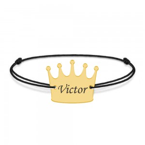 King - Bratara snur cu talisman din argint 925 placat cu aur galben 24K personalizata cu text - coroana