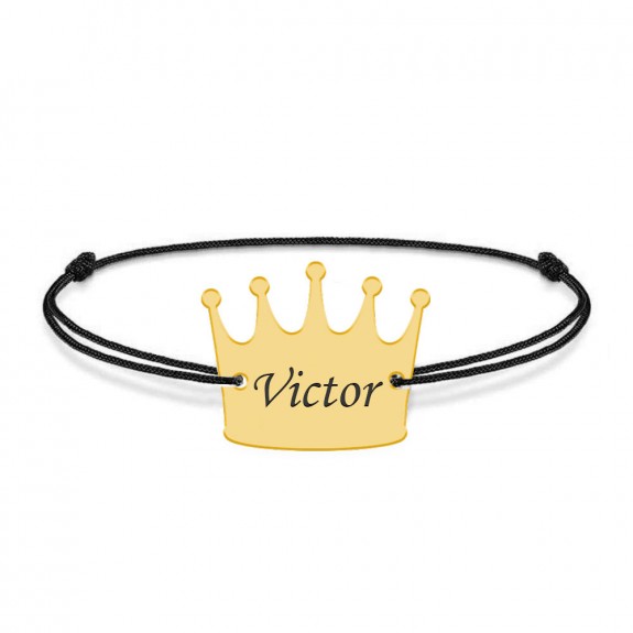 King - Bratara snur cu talisman din argint 925 placat cu aur galben 24K personalizata cu text - coroana