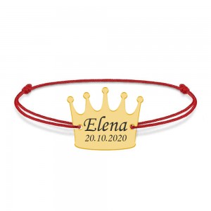 King - Bratara snur cu talisman din argint 925 placat cu aur galben 24K personalizata cu text - coroana