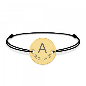 Lia - Bratara snur personalizata cu banut argint 925 placata cu aur galben 24K cu initiala si data