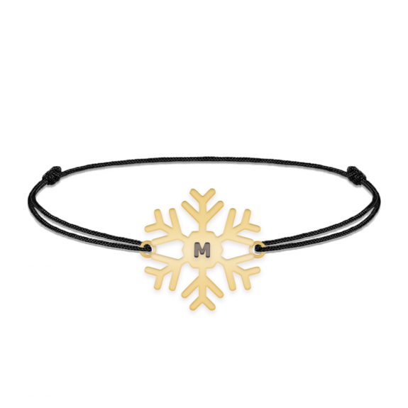 Little Snowflake - Bratara snur personalizata fulg si litera din argint 925 placat cu aur galben 24K