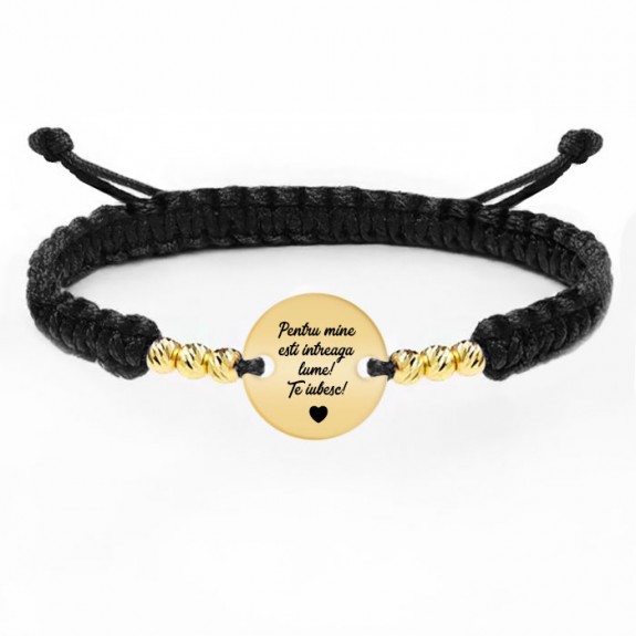 Mara - Bratara personalizata snur impletit 6 bile si banut din argint 925 placat cu aur galben 24 karate