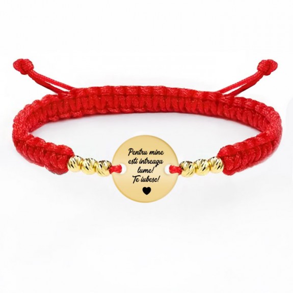 Mara - Bratara personalizata snur impletit 6 bile si banut din argint 925 placat cu aur galben 24 karate