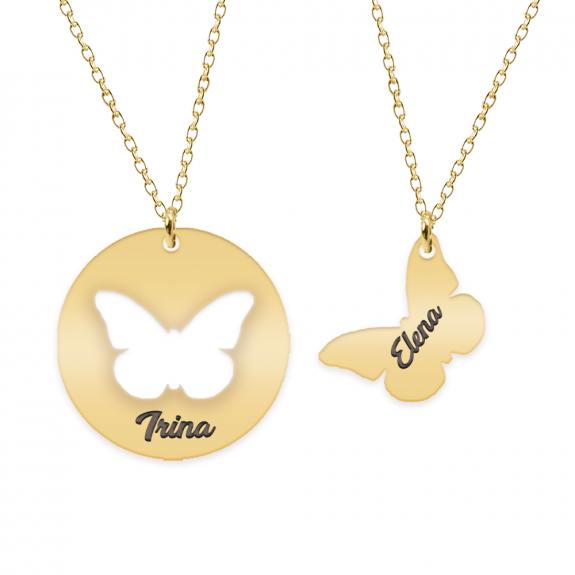 Mariposa - Set coliere personalizate banut si fluturas cu nume din argint 925 placat cu aur galben 24K Mariposa - Set coliere personalizate banut si fluturas cu nume din argint 925 placat cu aur galben 24K