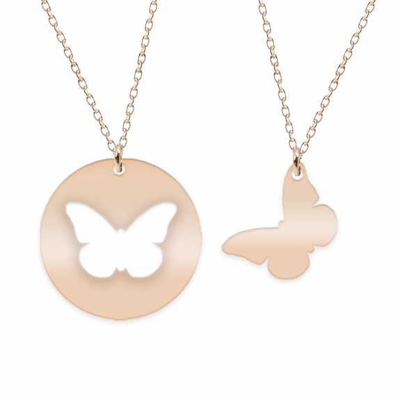 Mariposa - Set coliere personalizate banut si fluturas cu nume din argint 925 placat cu aur roz