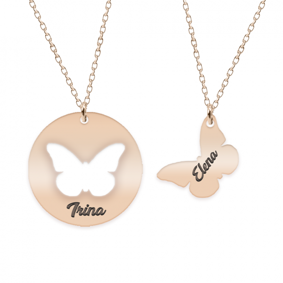 Mariposa - Set coliere personalizate banut si fluturas cu nume din argint 925 placat cu aur roz