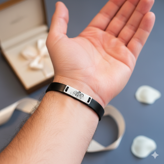 Me - Bratara personalizata cu fotografie din piele si tablita din argint 925 Me - Bratara personalizata cu fotografie din piele si tablita din argint 925