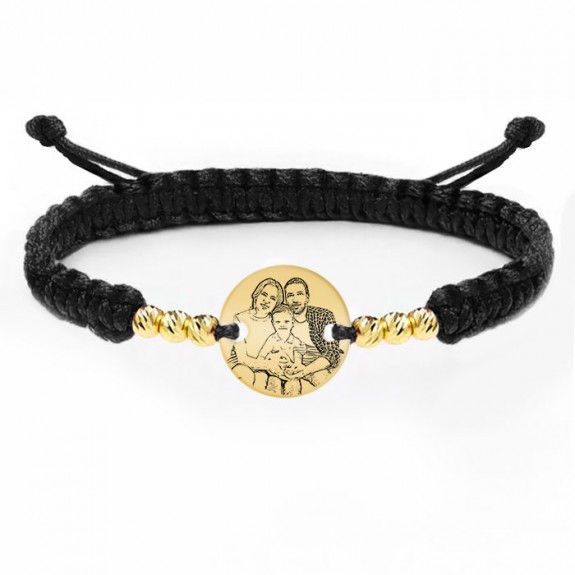 Me - Bratara personalizata snur impletit cu fotografie, 6 bile si banut din argint 925 placat cu aur galben 24 karate