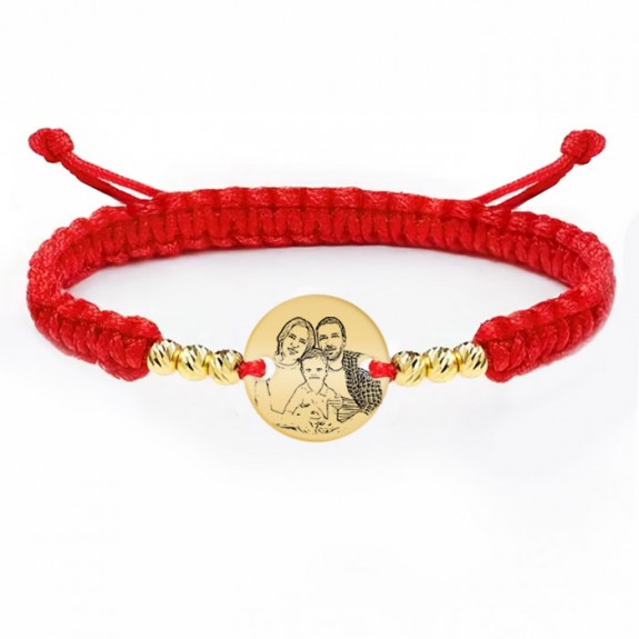 Me - Bratara personalizata snur impletit cu fotografie, 6 bile si banut din argint 925 placat cu aur galben 24 karate