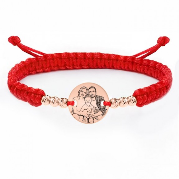 Me - Bratara personalizata snur impletit cu fotografie, 6 bile si banut din argint 925 placat cu aur roz