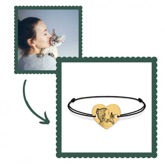 Me - Bratara personalizata snur cu fotografie si inimioara din argint 925 placat cu aur galben 24K