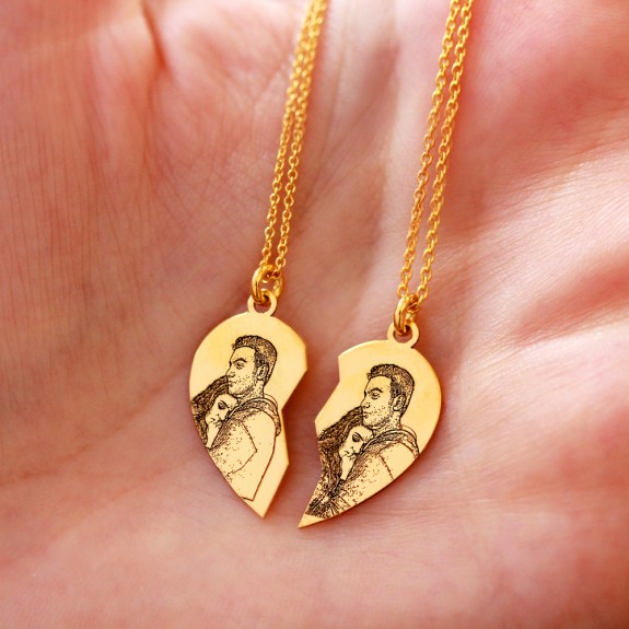 Me - Set coliere personalizate cu fotografie pentru cuplu sau prieteni din argint 925 placat cu aur galben 24K