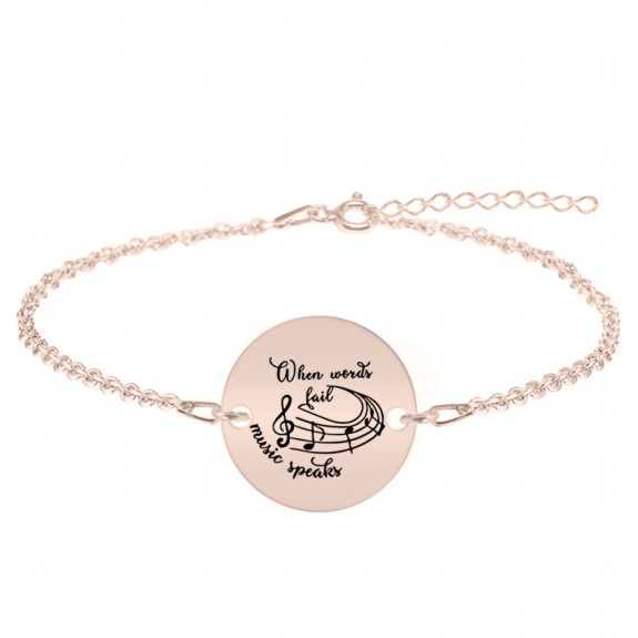 Music - Bratara personalizata pentru iubitorii de muzica "When words fail, music speaks" din argint 925 placat cu aur roz