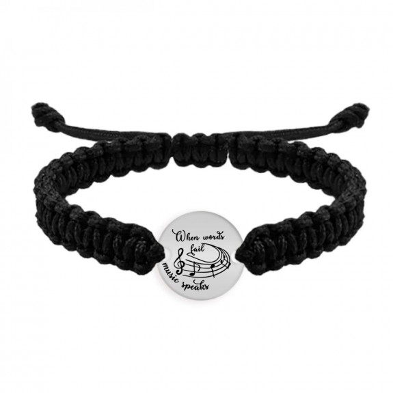 Music - Bratara personalizata snur impletit pentru iubitorii de muzica "When words fail, music speaks" din argint 925