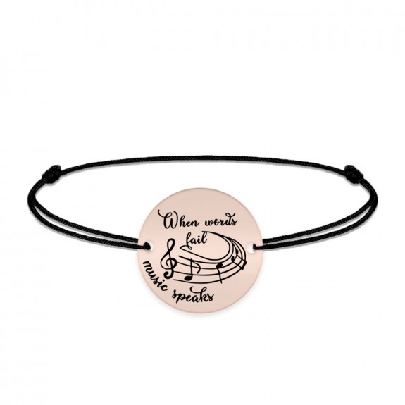 Music - Bratara personalizata snur simplu pentru iubitorii de muzica "When words fail, music speaks" din argint 925 placat cu aur roz