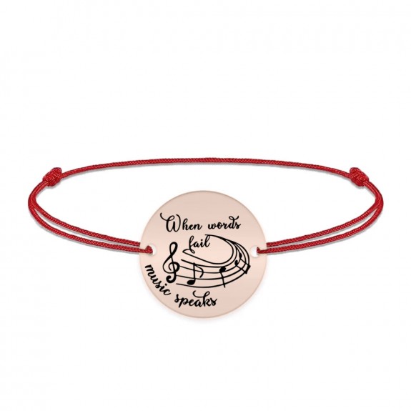 Music - Bratara personalizata snur simplu pentru iubitorii de muzica "When words fail, music speaks" din argint 925 placat cu aur roz