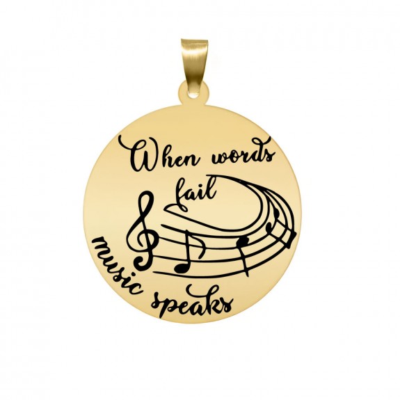 Music - Pandantiv personalizat pentru iubitorii de muzica "When words fail, music speaks" din argint 925 placat cu aur galben 24 karate