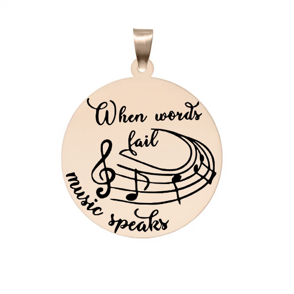Music - Pandantiv personalizat pentru iubitorii de muzica "When words fail, music speaks" din argint 925 placat cu aur roz Music - Pandantiv personalizat pentru iubitorii de muzica "When words fail, music speaks" din argint 925 placat cu aur roz