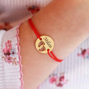 My Kid - Bratara personalizata snur cu talisman din argint 925 placat cu aur galben 24K cu nume si talpite