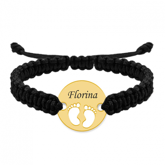 My Kid - Bratara personalizata snur impletit banut cu talpite si nume gravat din argint 925 placat cu aur galben 24K