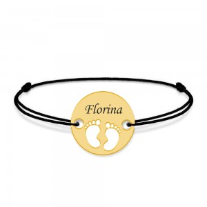 My Kid - Bratara personalizata snur cu talisman din argint 925 placat cu aur galben 24K cu nume si talpite