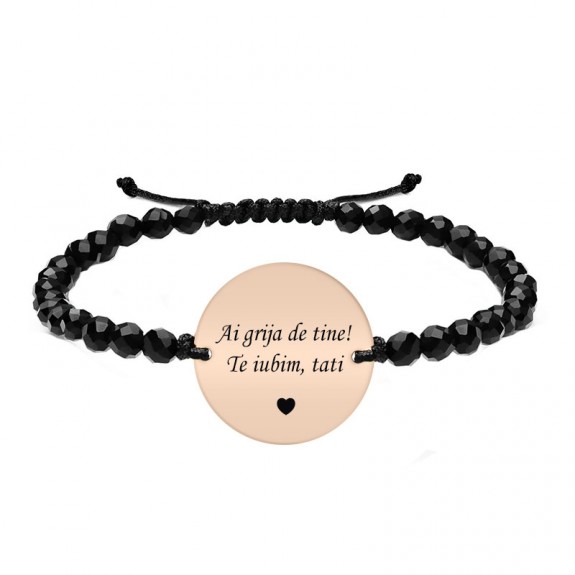 Onixiada - Bratara personalizata pentru tata cu onix fatetat, snur impletit si banut din argint 925 placat cu aur roz