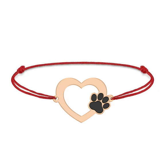 Paw Lover - Bratara personalizata snur cu inimioara si labuta din argint placat cu aur roz