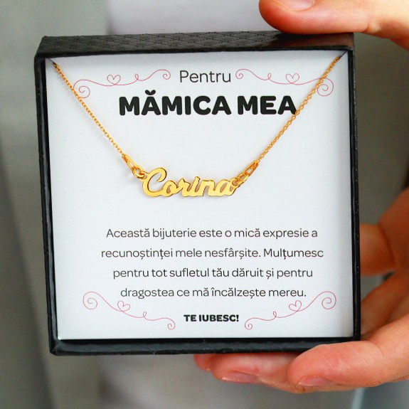 Pentru Mama - Colier Personalizat cu Nume la alegere din argint placat cu aur 24K + cutiuta cu mesaj personalizat pentru Mama