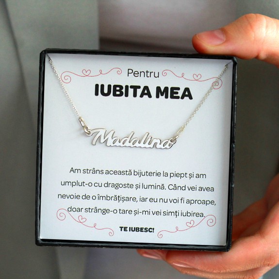 Pentru Iubita - Colier Personalizat cu Nume la alegere din argint placat cu aur 24K + cutiuta cu mesaj personalizat pentru Iubita