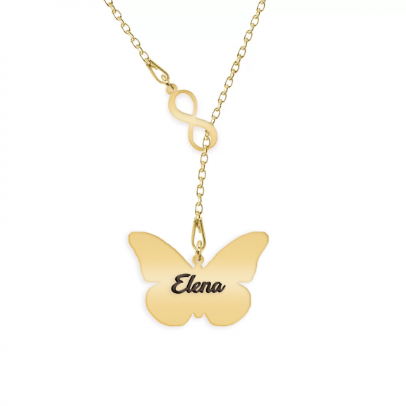 Spangle - Colier personalizat asimetric cu infinit si fluturas din argint 925 placat cu aur galben 24K