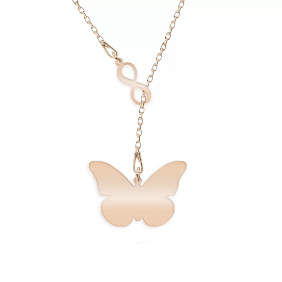 Spangle - Colier personalizat asimetric cu infinit si fluturas din argint 925 placat cu aur roz Spangle - Colier personalizat asimetric cu infinit si fluturas din argint 925 placat cu aur roz
