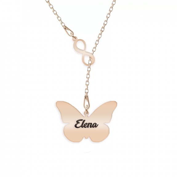 Spangle - Colier personalizat asimetric cu infinit si fluturas din argint 925 placat cu aur roz Spangle - Colier personalizat asimetric cu infinit si fluturas din argint 925 placat cu aur roz