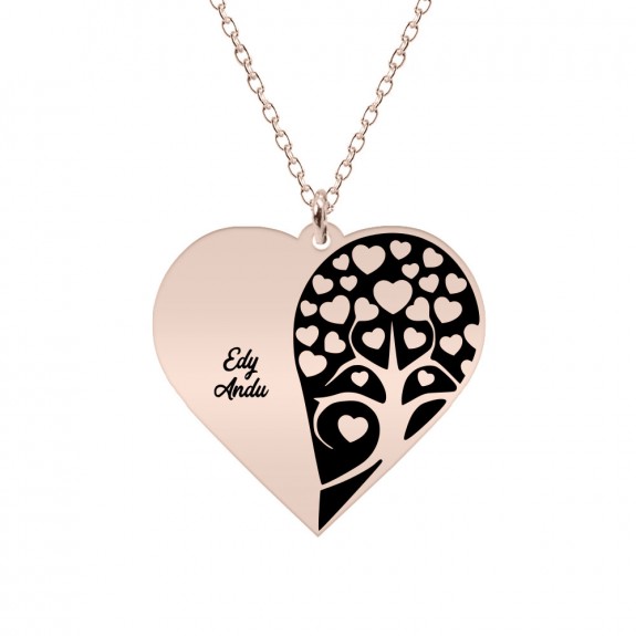 Yara - Colier personalizat inima si copacul iubirii cu nume sau mesaj din argint 925 placat cu aur roz