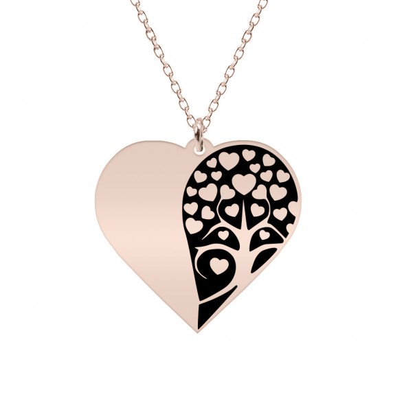 Yara - Colier personalizat inima si copacul iubirii cu nume sau mesaj din argint 925 placat cu aur roz