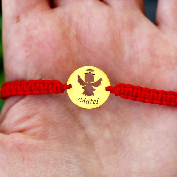 Angel - Bratara personalizata snur impletit banut cu ingeras si nume gravat din argint 925 placat cu aur galben 24K