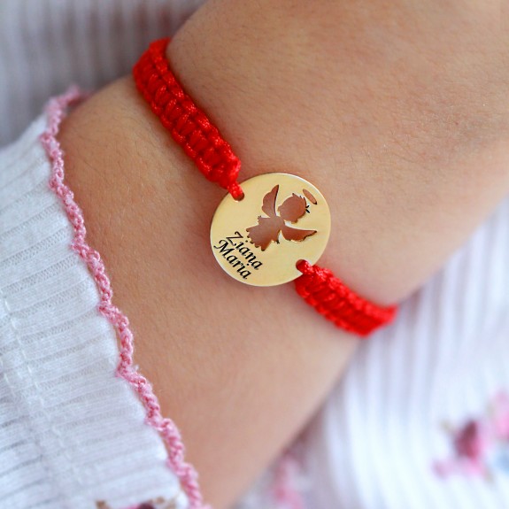Angel - Bratara personalizata snur impletit banut cu ingeras si nume gravat din argint 925 placat cu aur galben 24K