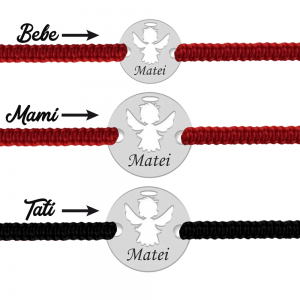 Angel - Cadou botez pentru parinti si copil - Bratari personalizate snur impletit banut cu ingeras si nume din argint 925