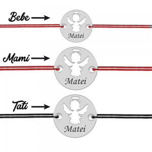 Angel - Cadou botez pentru parinti si copil - Bratari personalizate snur banut cu ingeras si nume din argint 925