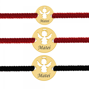 Angel - Cadou botez set pentru parinti si copil - Bratari personalizate snur impletit banut cu ingeras si nume din argint 925 placat cu aur galben 24K Angel - Cadou botez set pentru parinti si copil - Bratari personalizate snur impletit banut cu ingeras si nume din argint 925 placat cu aur galben 24K