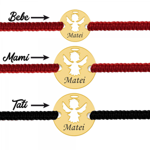 Angel - Cadou botez set pentru parinti si copil - Bratari personalizate snur impletit banut cu ingeras si nume din argint 925 placat cu aur galben 24K Angel - Cadou botez set pentru parinti si copil - Bratari personalizate snur impletit banut cu ingeras si nume din argint 925 placat cu aur galben 24K