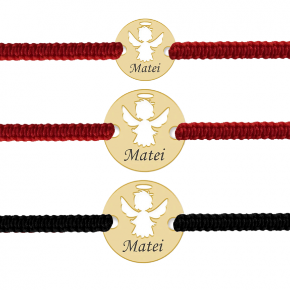 Angel - Cadou botez pentru parinti si copil - Bratari personalizate snur impletit banut cu ingeras si nume din Aur 14 karate - 10mm/14mm