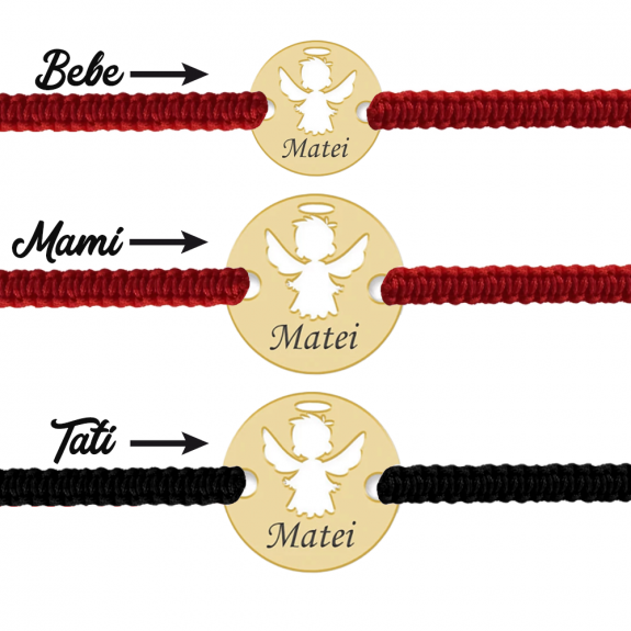 Angel - Cadou botez pentru parinti si copil - Bratari personalizate snur impletit banut cu ingeras si nume din Aur 14 karate - 10mm/14mm