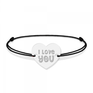 Bratara personalizata din snur negru cu talisman din argint 925, Inimioara, I Love You, BijuBOX, 15 + 3 cm, Cutiuta inclusa