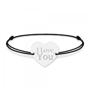 Bratara personalizata din snur negru cu talisman din argint 925, Inimioara, I Love You, BijuBOX, 15 + 3 cm, Cutiuta inclusa